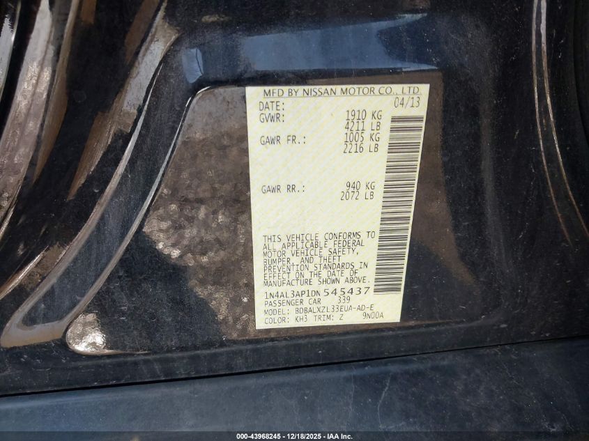 2013 Nissan Altima 2.5 Sl VIN: 1N4AL3AP1DN545437 Lot: 43968245