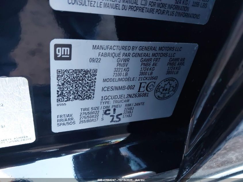 2022 Chevrolet Silverado 1500 High Country VIN: 1GCUDJEL2NZ636081 Lot: 43968247