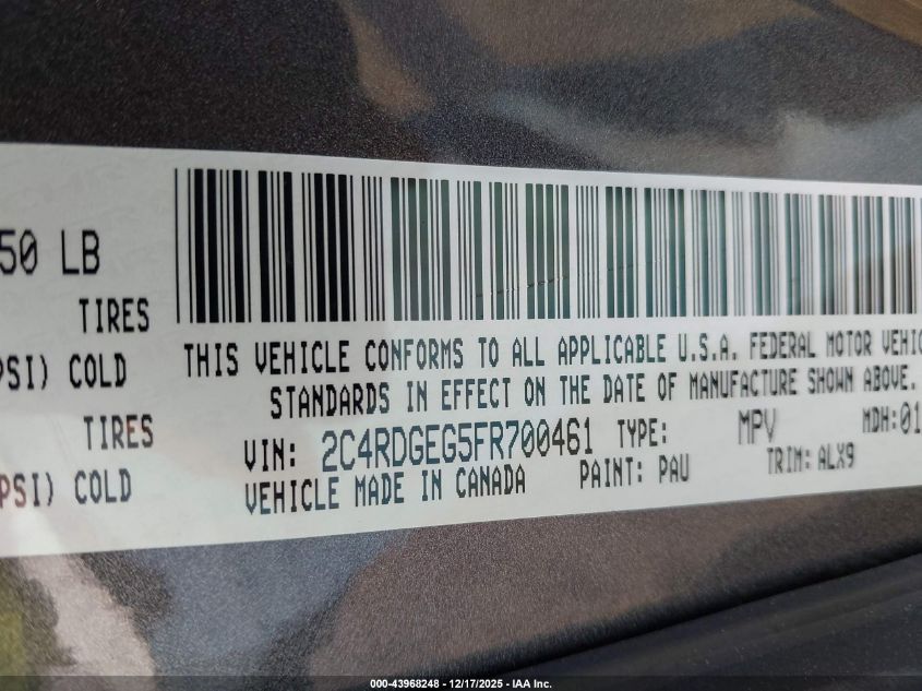 2015 Dodge Grand Caravan R/T VIN: 2C4RDGEG5FR700461 Lot: 43968248