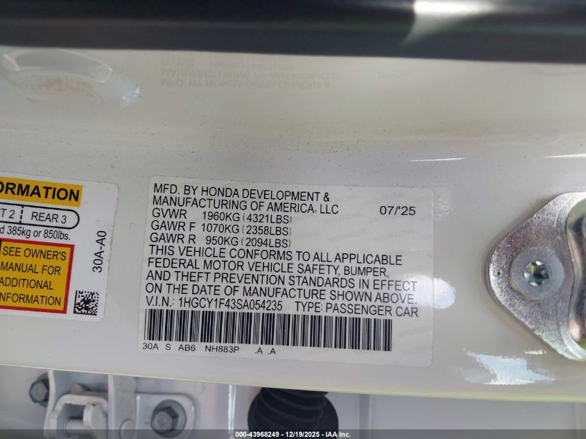 2025 Honda Accord Se VIN: 1HGCY1F43SA054235 Lot: 43968249