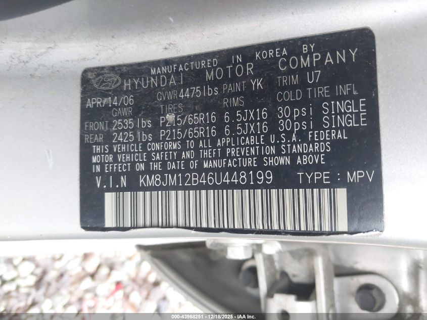 2006 Hyundai Tucson Gl VIN: KM8JM12B46U448199 Lot: 43968251