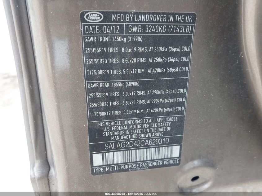2012 Land Rover Lr4 VIN: SALAG2D42CA629310 Lot: 43968253