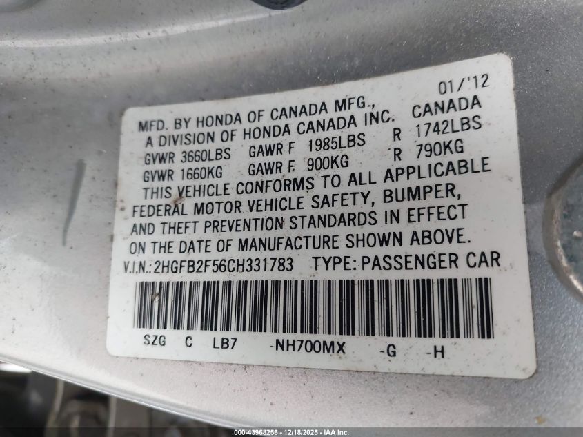 2012 Honda Civic Lx VIN: 2HGFB2F56CH331783 Lot: 43968256