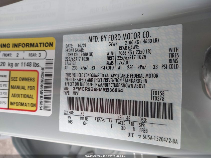 2021 Ford Bronco Sport Big Bend VIN: 3FMCR9B69MRB36864 Lot: 43968258