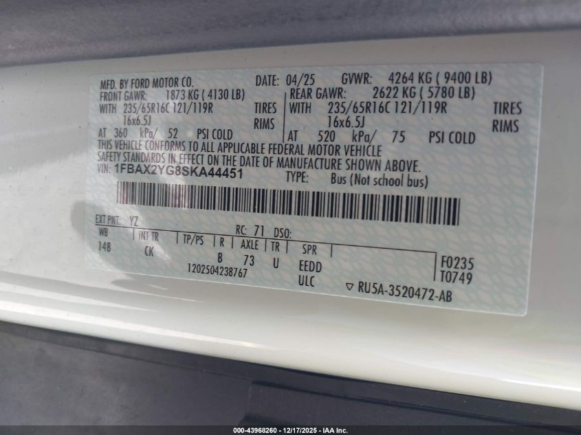 2025 Ford Transit-350 Passenger Van Xlt VIN: 1FBAX2YG8SKA44451 Lot: 43968260
