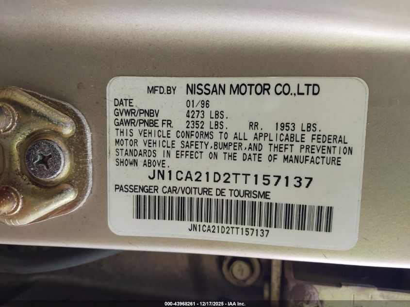 1996 Nissan Maxima Gle/Gxe/Se VIN: JN1CA21D2TT157137 Lot: 43968261