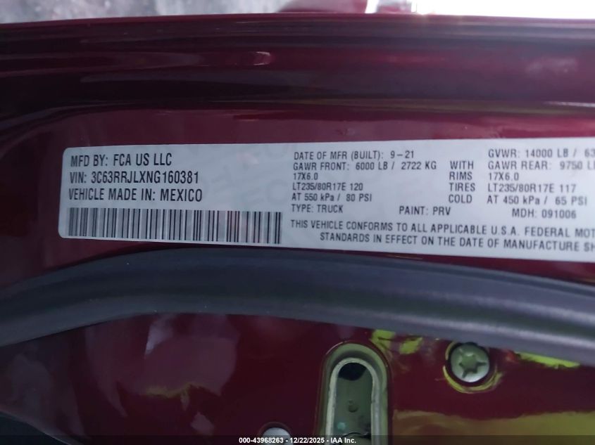 2022 Ram 3500 VIN: 3C63RRJLXNG160381 Lot: 43968263