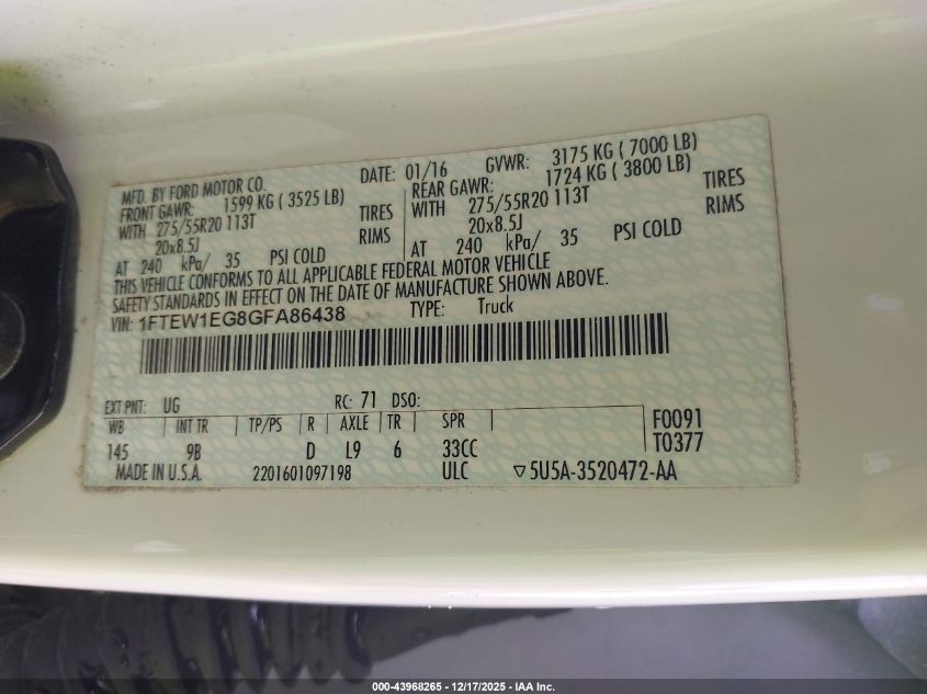 2016 Ford F-150 Platinum VIN: 1FTEW1EG8GFA86438 Lot: 43968265