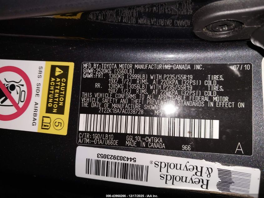 2010 Lexus Rx 350 VIN: 2T2ZK1BA7AC038728 Lot: 43968266