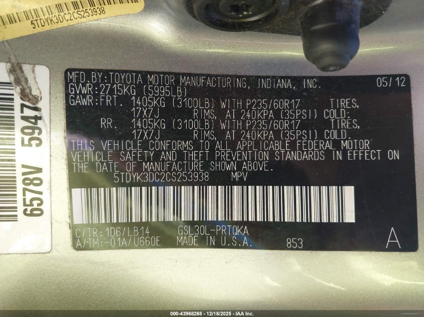 2012 Toyota Sienna Xle V6 8 Passenger VIN: 5TDYK3DC2CS253938 Lot: 43968268