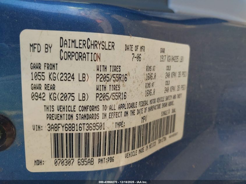 2006 Chrysler Pt Cruiser Limited VIN: 3A8FY68B16T369501 Lot: 43968270