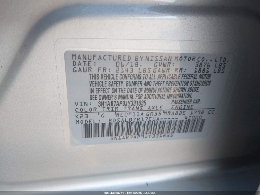 2018 Nissan Sentra S VIN: 3N1AB7AP9JY331835 Lot: 43968271