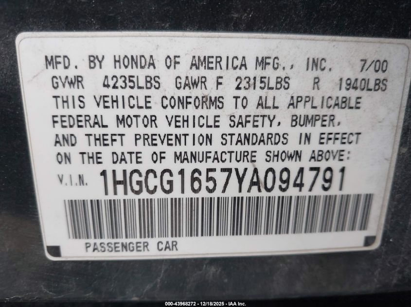 2000 Honda Accord 3.0 Ex VIN: 1HGCG1657YA094791 Lot: 43968272