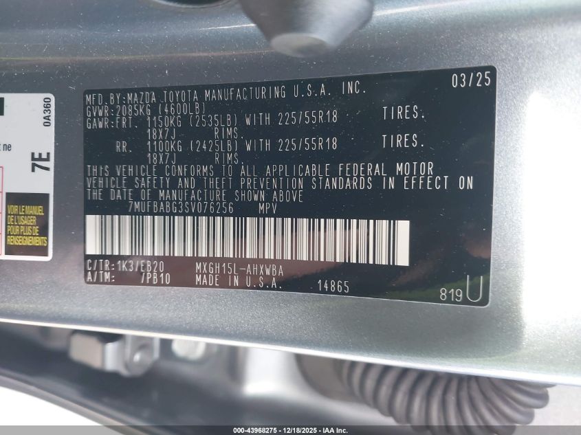 2025 Toyota Corolla Cross Hybrid Xse VIN: 7MUFBABG3SV076256 Lot: 43968275