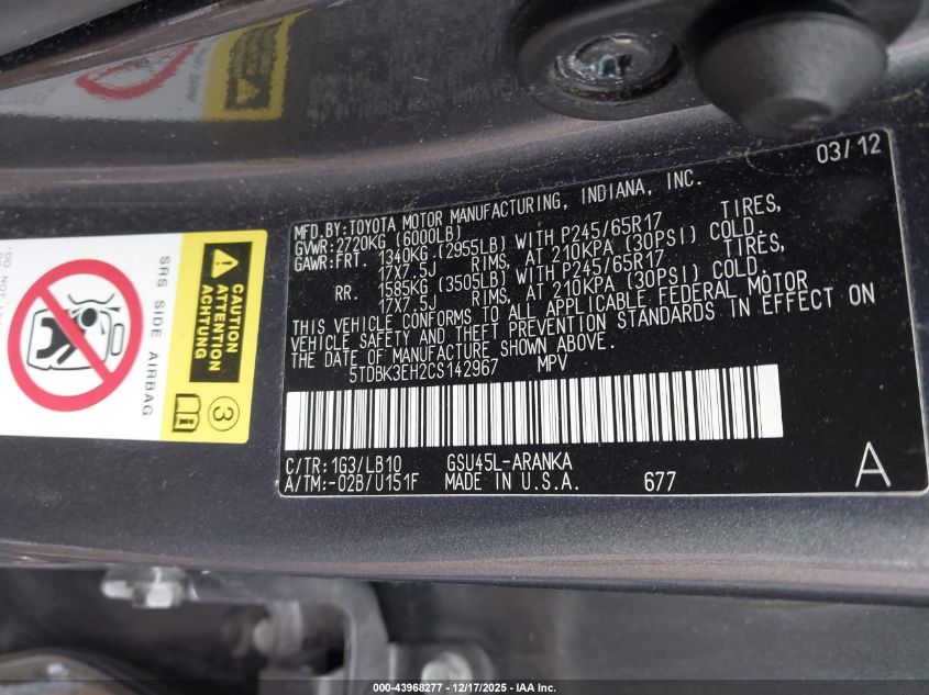 2012 Toyota Highlander Se V6 VIN: 5TDBK3EH2CS142967 Lot: 43968277