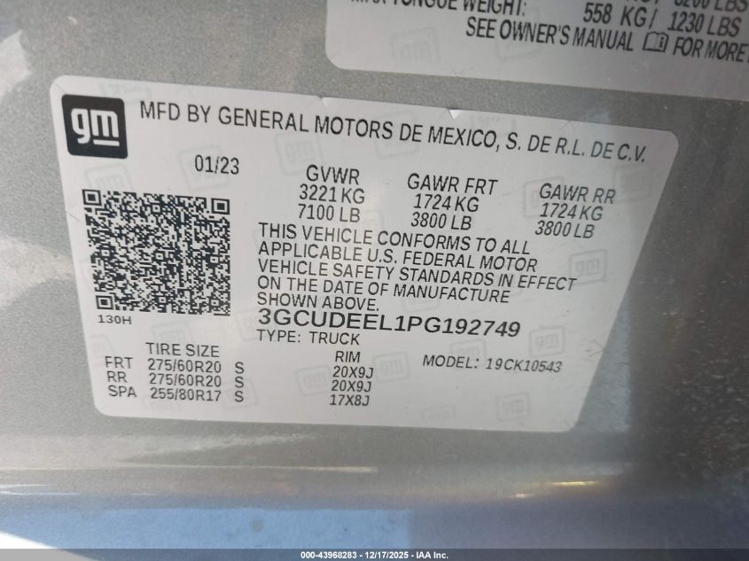 2023 Chevrolet Silverado 1500 4Wd Short Bed Rst VIN: 3GCUDEEL1PG192749 Lot: 43968283