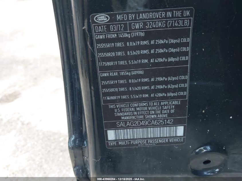 2012 Land Rover Lr4 VIN: SALAG2D49CA625142 Lot: 43968284