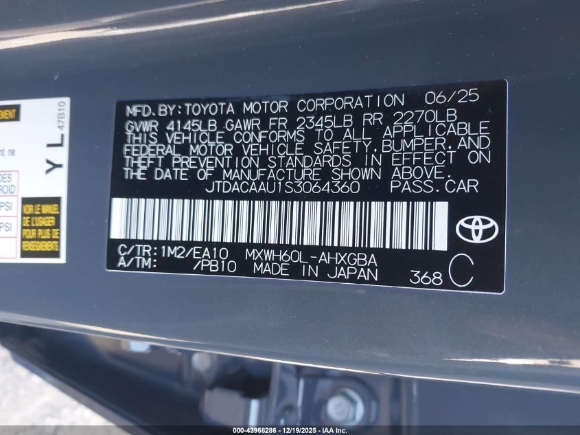 2025 Toyota Prius Xle VIN: JTDACAAU1S3064360 Lot: 43968286