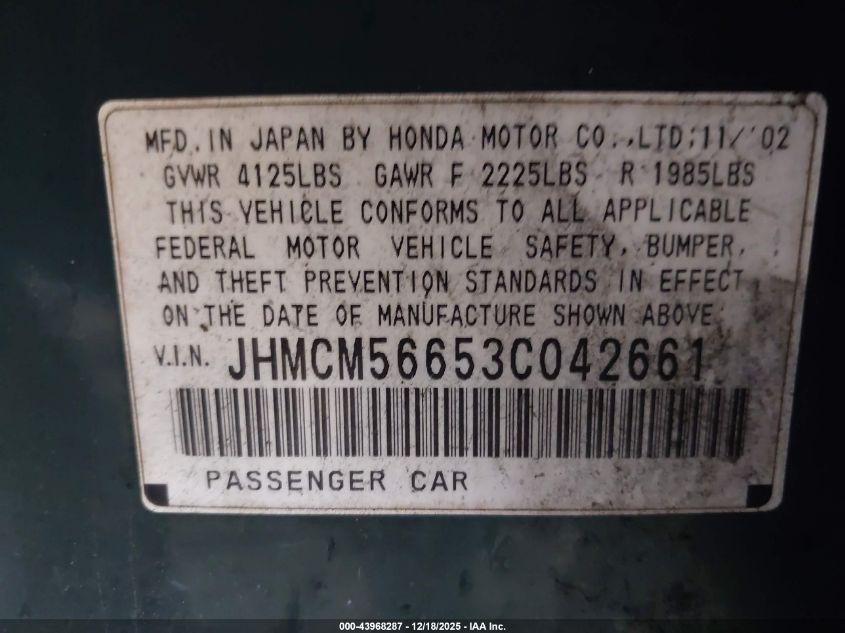 2003 Honda Accord 2.4 Ex VIN: JHMCM56653C042661 Lot: 43968287