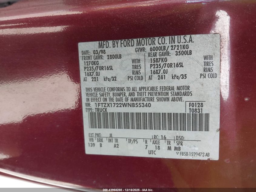 1998 Ford F-150 Standard/Xl/Xlt VIN: 1FTZX1722WNB55340 Lot: 43968288