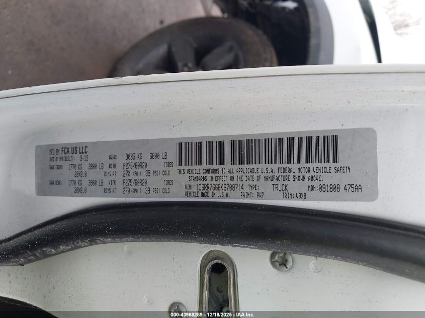 2019 Ram 1500 Classic Warlock 4X4 6'4 Box VIN: 1C6RR7GG6KS708714 Lot: 43968289