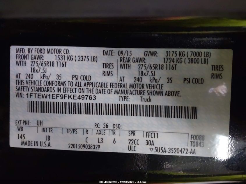 2015 Ford F-150 Xlt VIN: 1FTEW1EF9FKE49763 Lot: 43968290