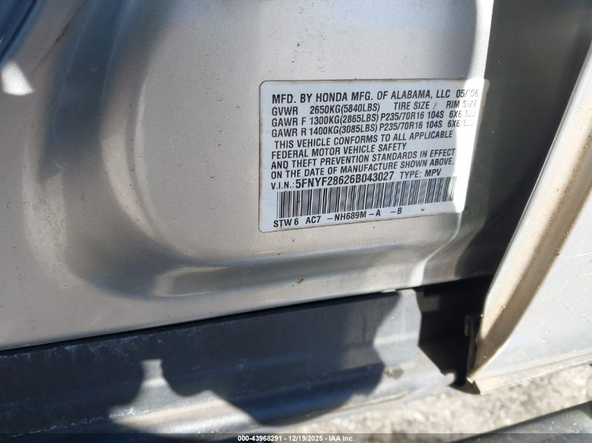 2006 Honda Pilot Ex-L VIN: 5FNYF28626B043027 Lot: 43968291