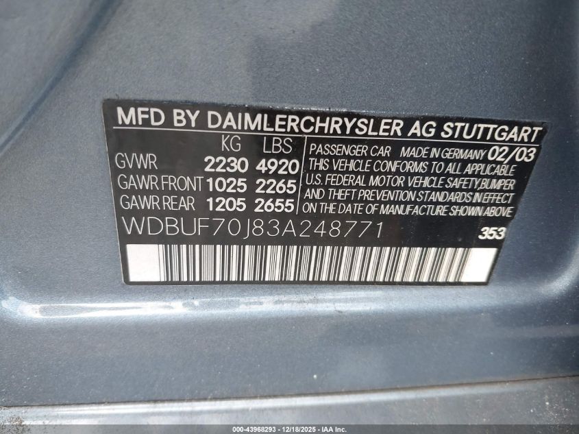 2003 Mercedes-Benz E 500 VIN: WDBUF70J83A248771 Lot: 43968293