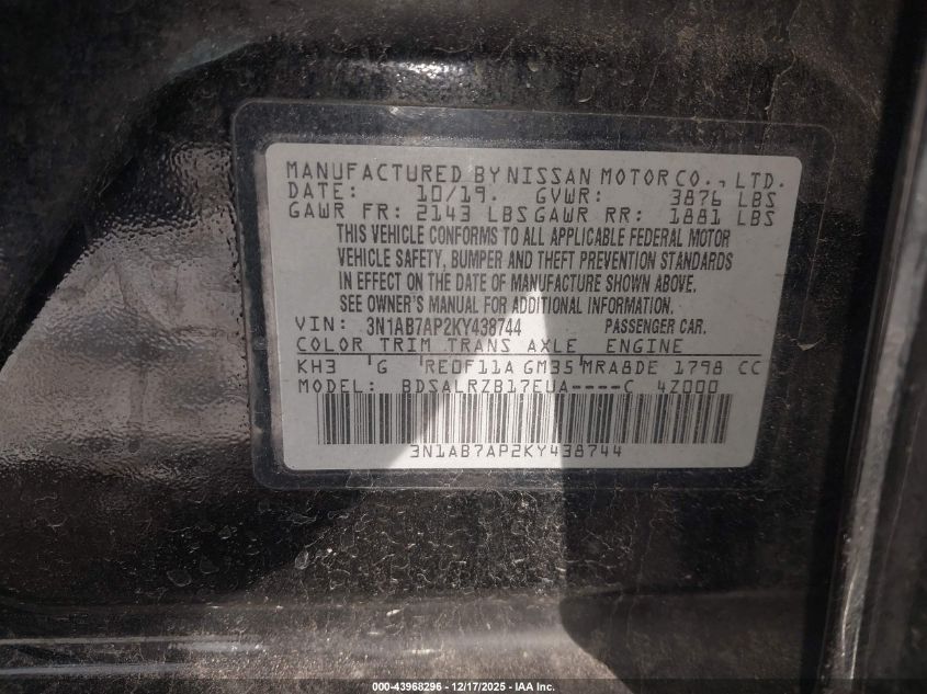 2019 Nissan Sentra Sr VIN: 3N1AB7AP2KY438744 Lot: 43968296