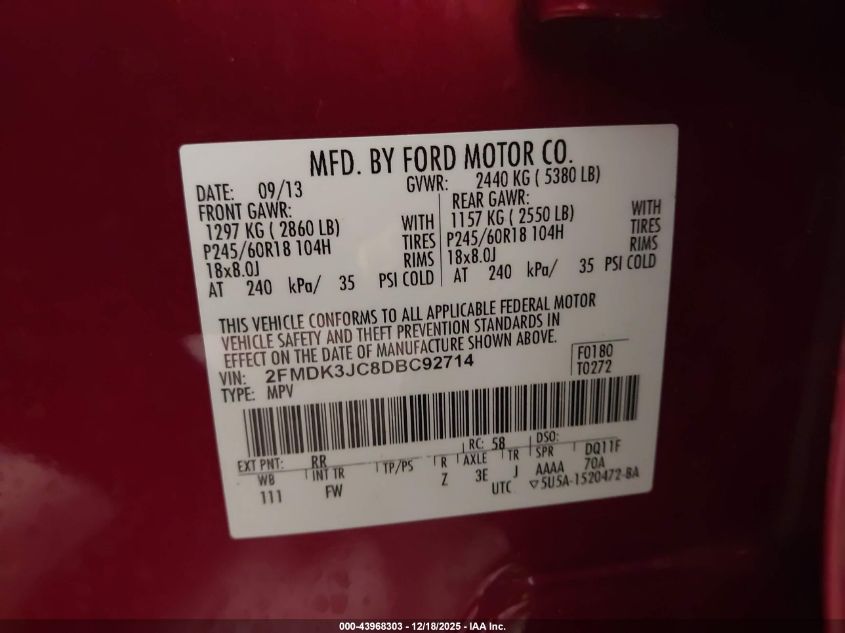 2013 Ford Edge Sel VIN: 2FMDK3JC8DBC92714 Lot: 43968303