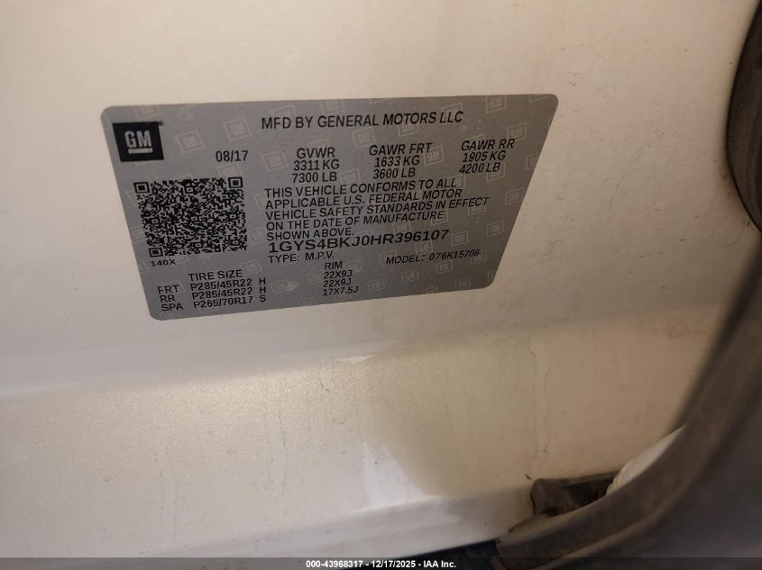 2017 Cadillac Escalade Luxury VIN: 1GYS4BKJ0HR396107 Lot: 43968317