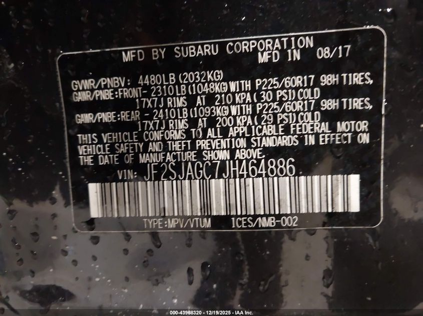 2018 Subaru Forester 2.5I Premium VIN: JF2SJAGC7JH464886 Lot: 43968320