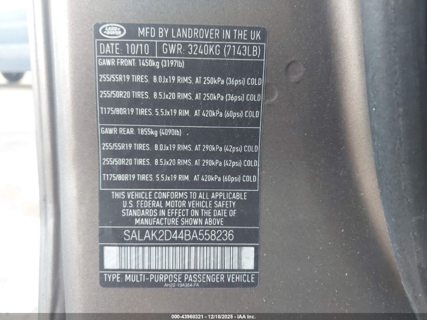 2011 Land Rover Lr4 VIN: SALAK2D44BA558236 Lot: 43968321