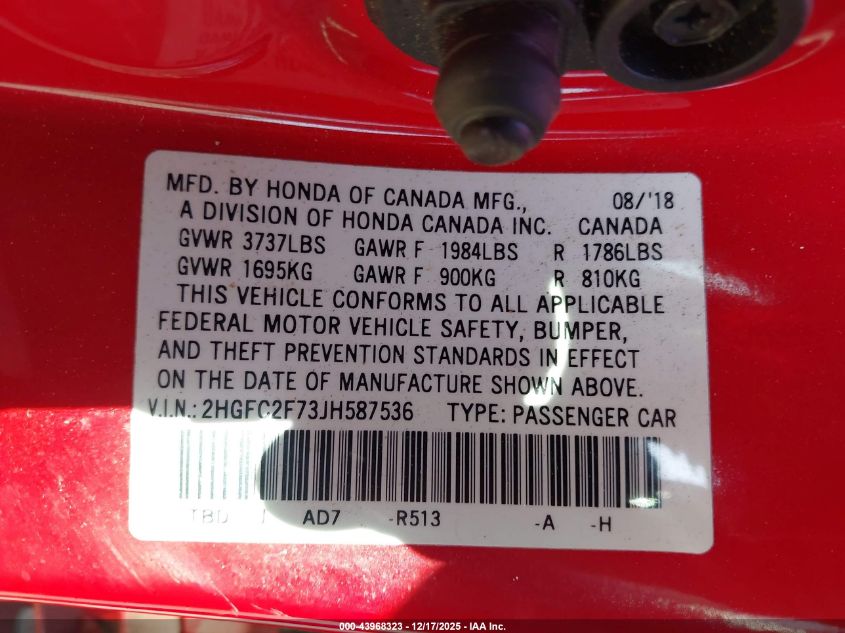 2018 Honda Civic Ex VIN: 2HGFC2F73JH587536 Lot: 43968323