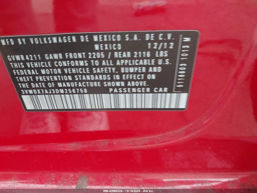 2013 Volkswagen Jetta 2.5L Se VIN: 3VWDX7AJ3DM256758 Lot: 43968324