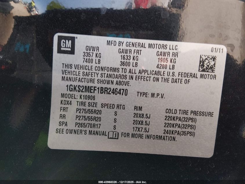 2011 GMC Yukon Xl 1500 Denali VIN: 1GKS2MEF1BR246470 Lot: 43968326