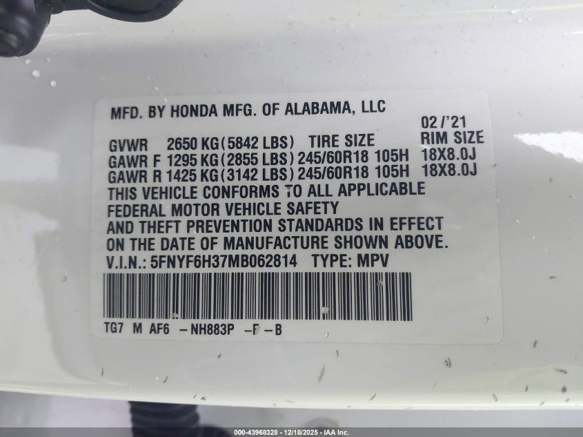 2021 Honda Pilot Awd Ex VIN: 5FNYF6H37MB062814 Lot: 43968328