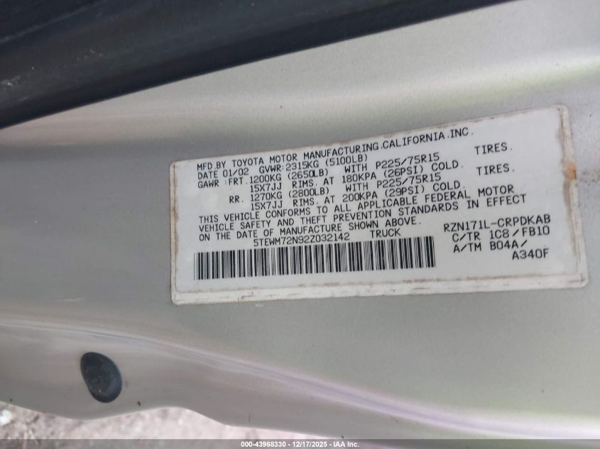 2002 Toyota Tacoma VIN: 5TEWM72N92Z032142 Lot: 43968330