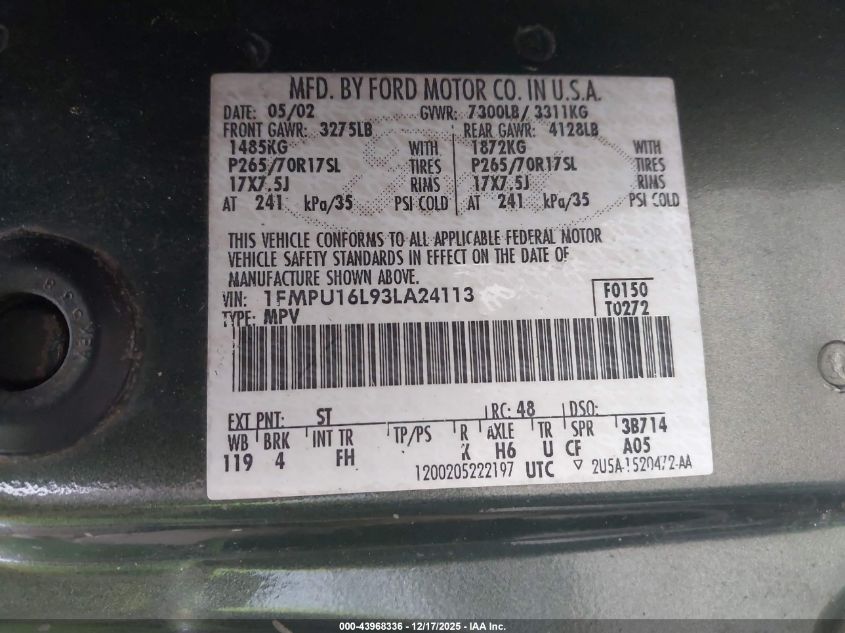 2003 Ford Expedition Xlt VIN: 1FMPU16L93LA24113 Lot: 43968336