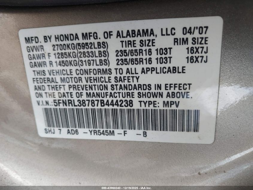 2007 Honda Odyssey Ex-L VIN: 5FNRL38787B444238 Lot: 43968340