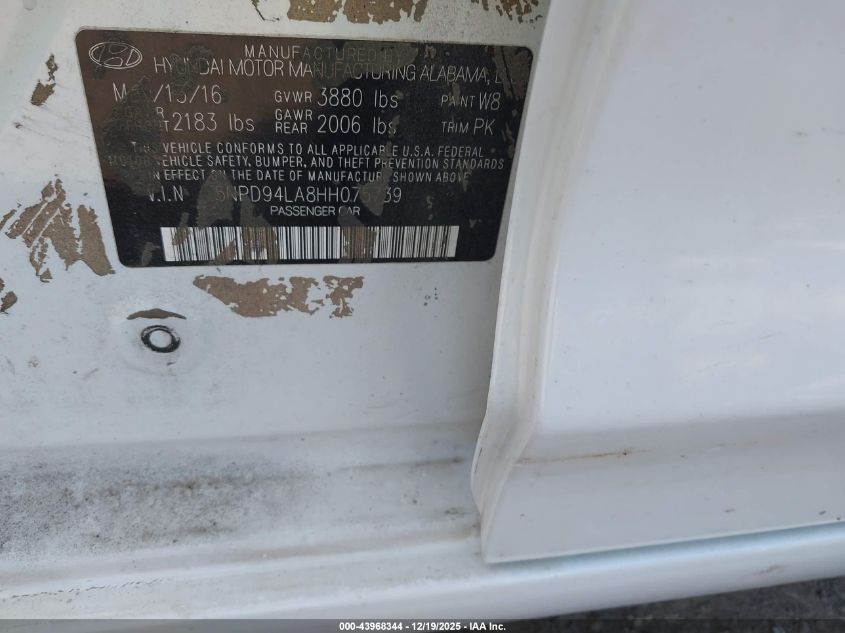 2017 Hyundai Elantra Eco VIN: 5NPD94LA8HH075739 Lot: 43968344