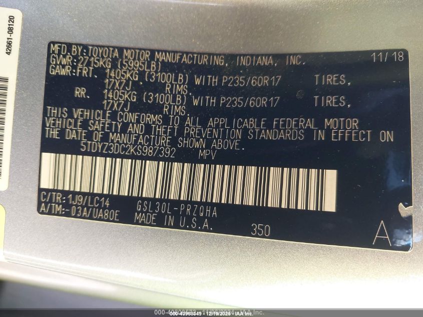 2019 Toyota Sienna Xle 8 Passenger VIN: 5TDYZ3DC2KS987392 Lot: 43968349