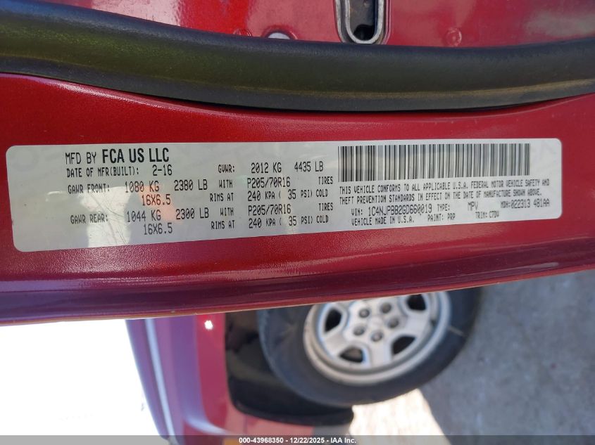 2016 Jeep Patriot Sport VIN: 1C4NJPBB2GD660019 Lot: 43968350