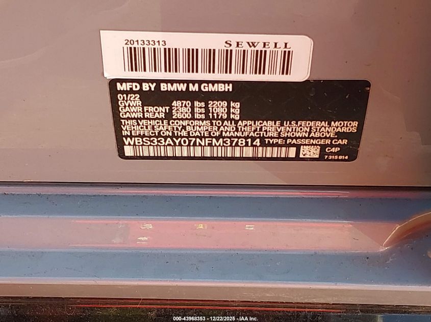 2022 BMW M3 Competition VIN: WBS33AY07NFM37814 Lot: 43968353