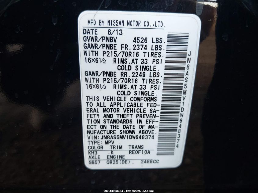 2013 Nissan Rogue S VIN: JN8AS5MV1DW648374 Lot: 43968354