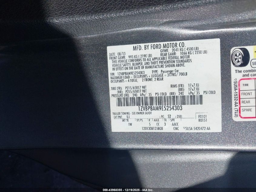 2014 Ford Mustang V6 VIN: 1ZVBP8AM9E5254303 Lot: 43968355