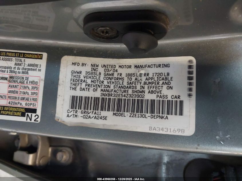 2004 Toyota Corolla Le VIN: 1NXBR32E54Z323902 Lot: 43968356