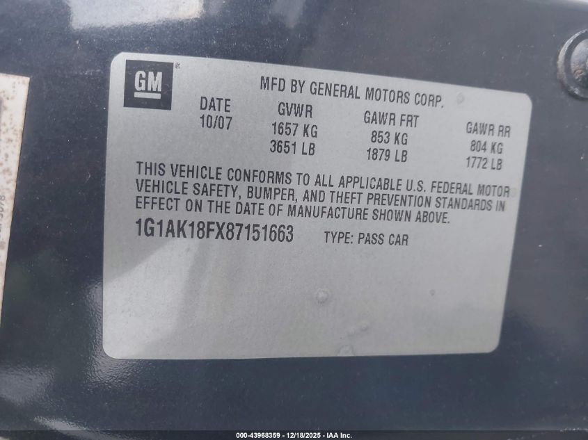 2008 Chevrolet Cobalt Ls VIN: 1G1AK18FX87151663 Lot: 43968359