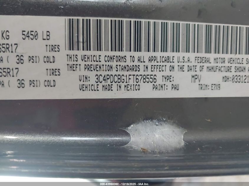 2015 Dodge Journey Sxt VIN: 3C4PDCBG1FT678556 Lot: 43968360