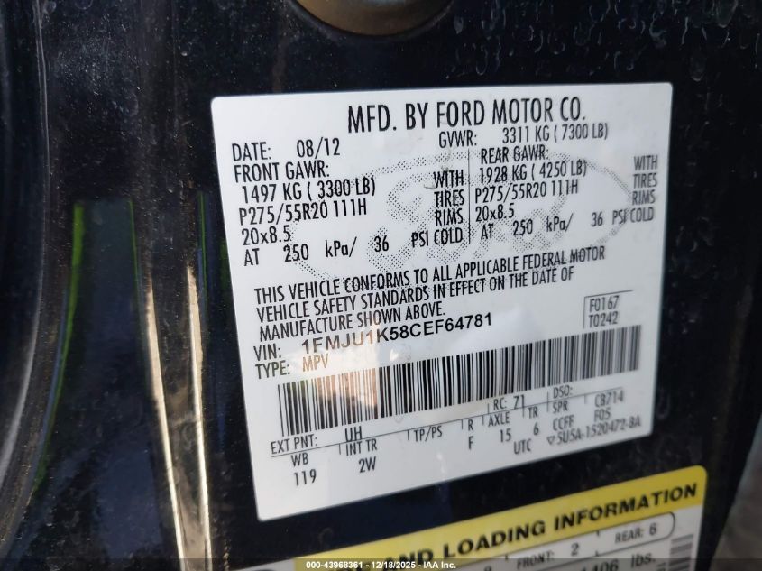 2012 Ford Expedition Limited VIN: 1FMJU1K58CEF64781 Lot: 43968361